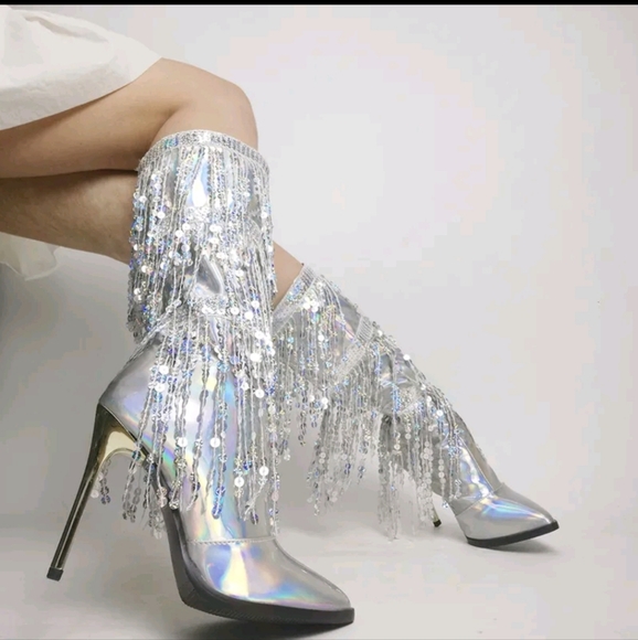 Sequin Fringe Boots 9-9.5 - Picture 3 of 8